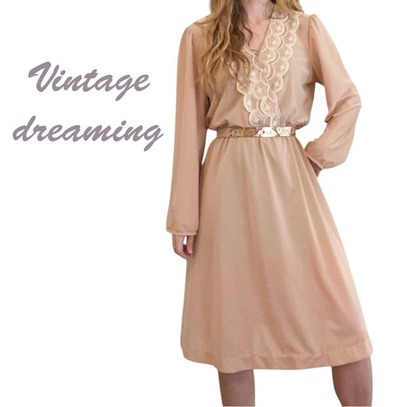 Vintage Dresses & Skirts - Elegant Beige Lace-Trimmed Dress 1970’s vintage dress